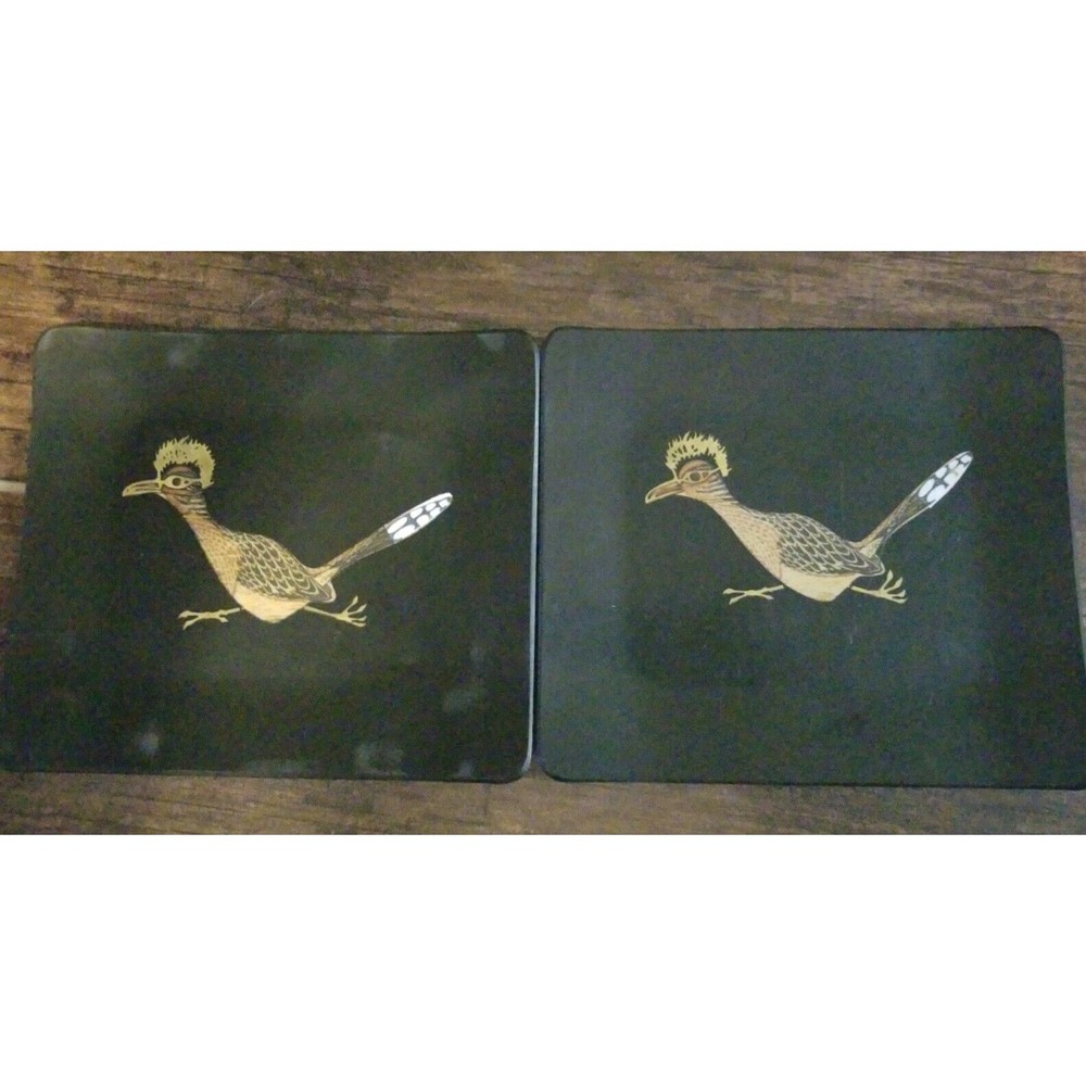 Couroc of Monterey ROADRUNNER Bird Tray Rectangular Black Inlaid Wood Set of Two